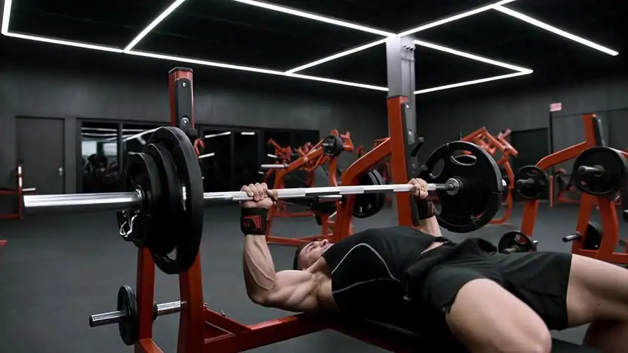 Un hombre hace press de banca en la sala de musculación